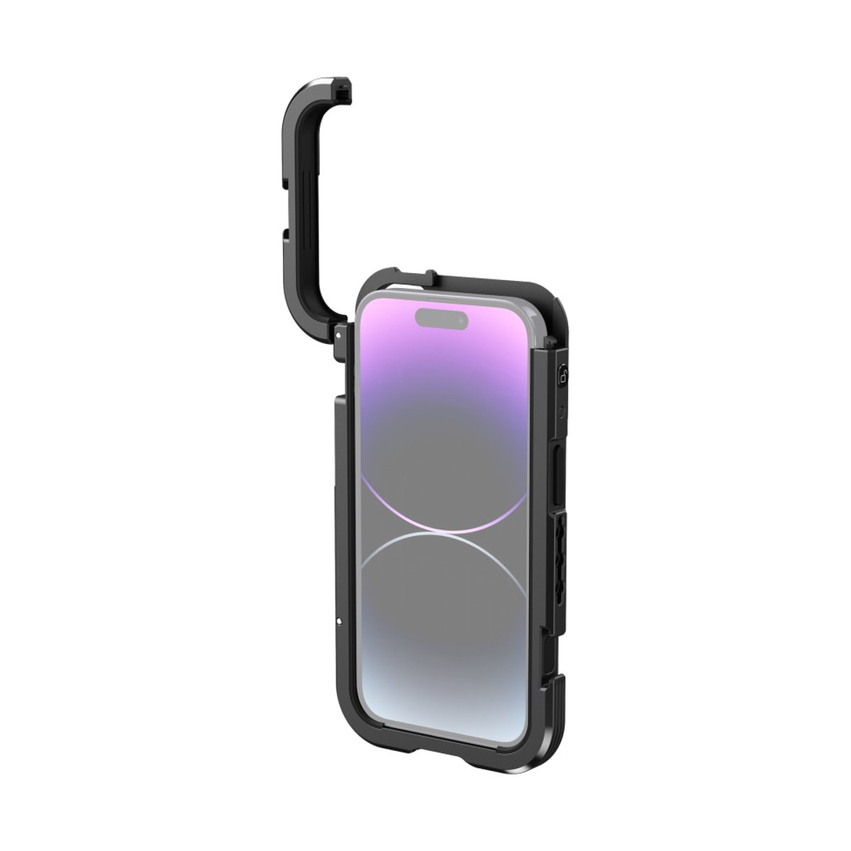 SmallRig 4100 Mobile Video Cage Kit (Single Handheld) for iPhone 14 Pro - Geöffnete Schutzhülle mit Smartphone