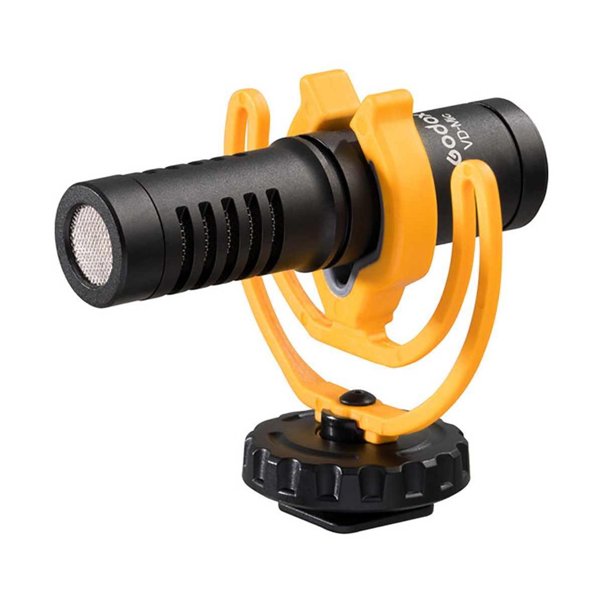 Godox Kompaktes Richtmikrofon VD-Mic - Angewinkelte Ansicht des Godox VD-Mic Mikrofons mit orangefarbenem Shock Mount