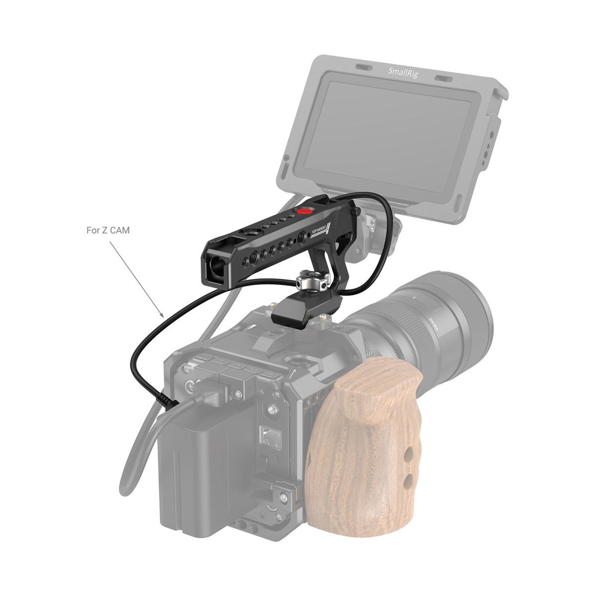 SmallRig 3322 Nato Top Handle with Record Start/Stop Remote Trigger - Anwendungsbeispiel: SmallRig Top-Handgriff mit Kabel an Z CAM Kamera montiert, Monitor im Hintergrund.