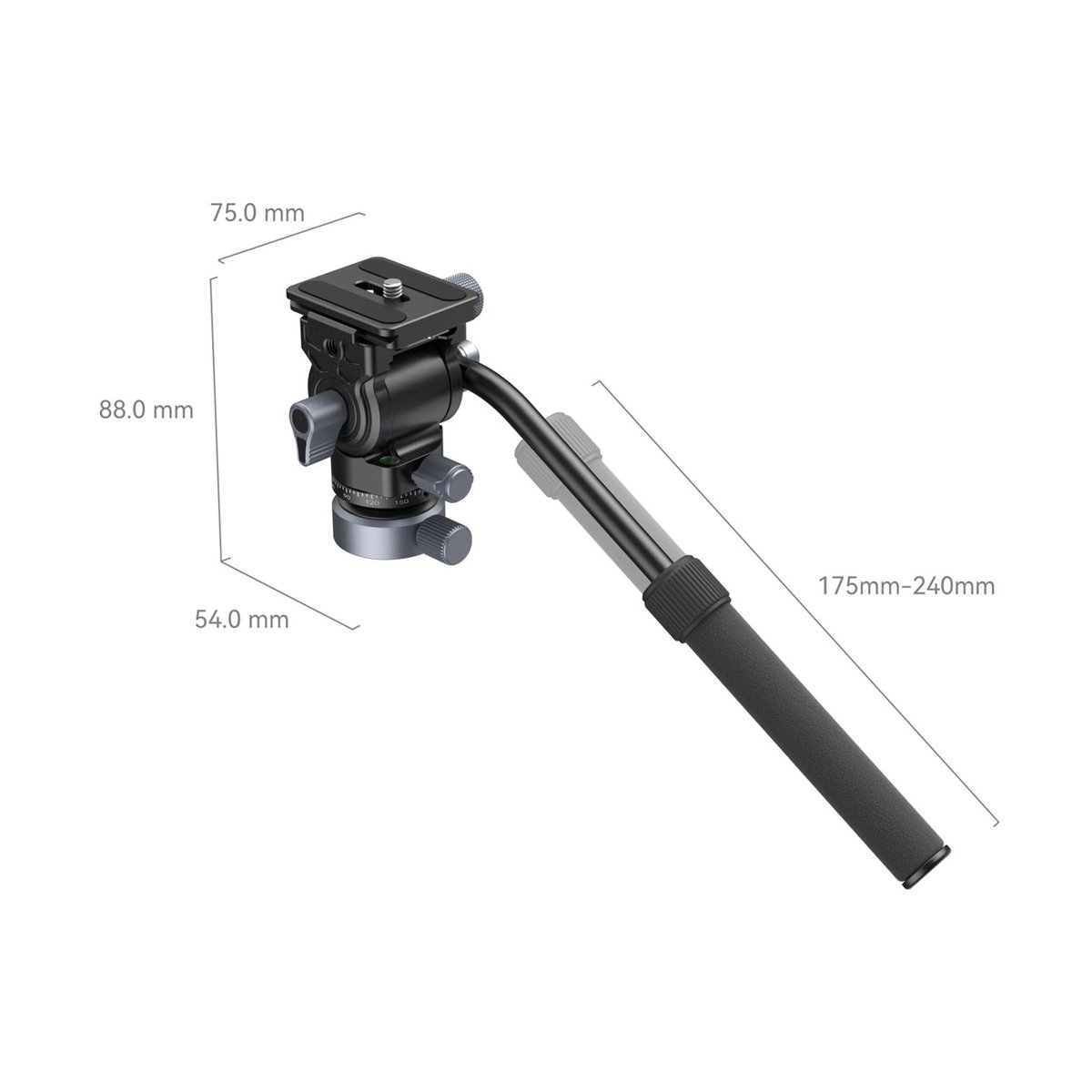 SmallRig 4170B Videokopf mit Nivelliersockel CH20 - Abmessungen des Fluid-Videokopfs mit Griff.