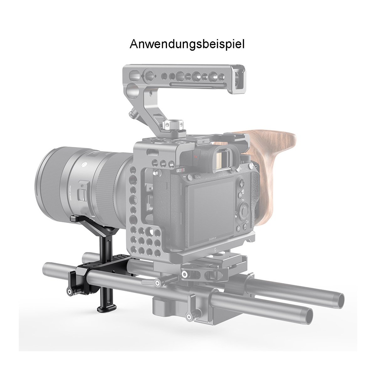 SmallRig 2681 LWS Universal Lens Support 15 mm - Anwendungsbeispiel Kamera-Rig mit Kamera und Objektiv