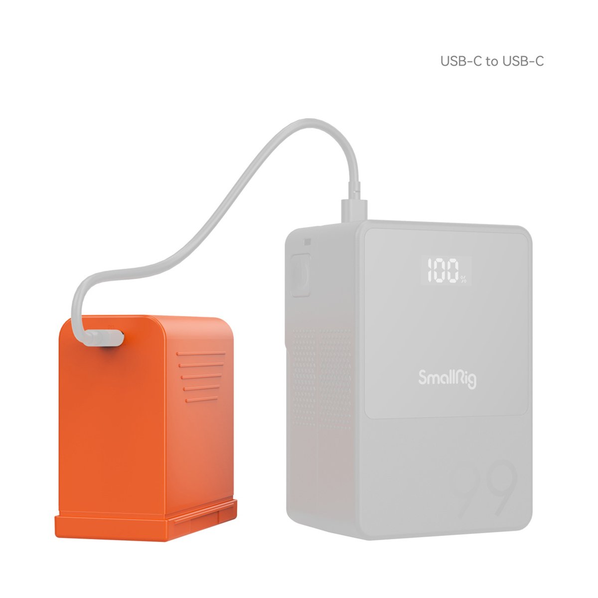 SmallRig 4972 NP-F970 USB-C Rechargeable Camera Battery (Orange) - Anwendungsbeispiel: Orangefarbenes Produkt über USB-C Kabel an Powerbank angeschlossen.