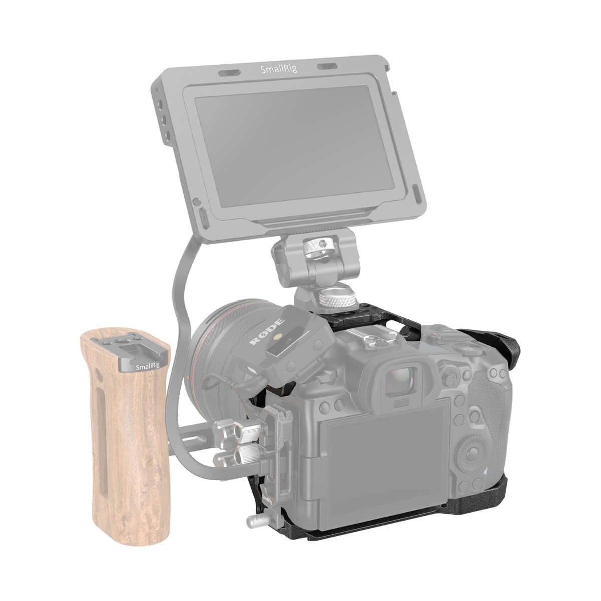 SmallRig 3233B Black Mamba Cage für Canon EOS R5/R6 - Anwendungsbeispiel Kamera-Rig mit Monitor, Mikrofon und Holzgriff, Rückansicht