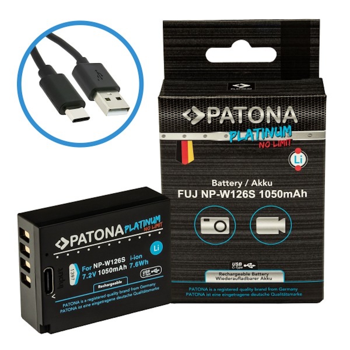 Patona Platinum Akku mit USB-C Input f. Fuji NP-W126S Patona Platinum Akku mit USB-C Input f. Fuji NP-W126S