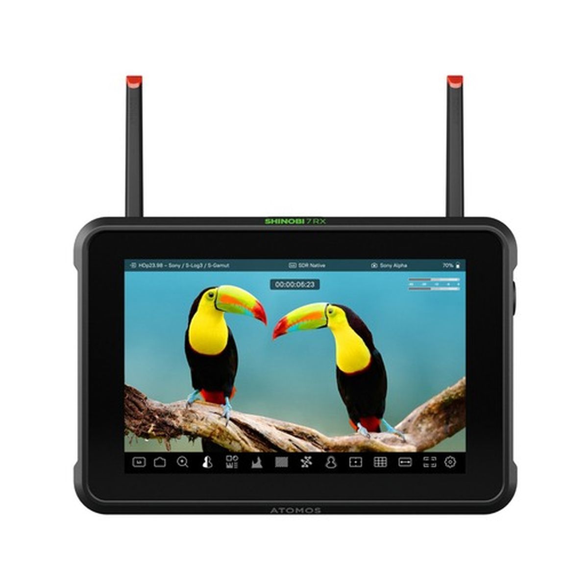Atomos Shinobi 7 RX Monitor Vorderansicht mit Antennen