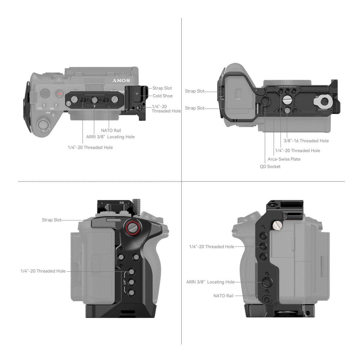 SmallRig 4183 Cage für Sony FX30/FX3 - Technische Übersicht aller Montagepunkte und Funktionen des Kamerakäfigs.
