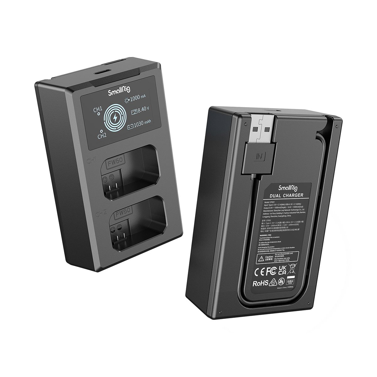 SmallRig 3818 NP-FW50 Akku u. Ladegerät Kit - Front- und Rückansicht des SmallRig Dual Ladegeräts mit Display, Ladeschächten und USB-C Eingang