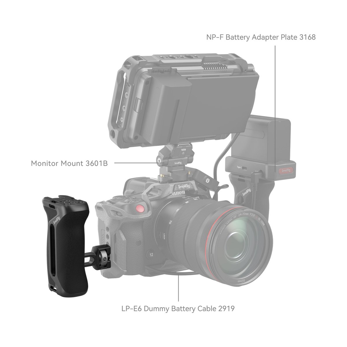 SmallRig 4016 Arri Seitenhandgriff - Anwendungsbeispiel: SmallRig Kamerazubehör mit Monitor Mount, Batterieplatte & Dummy-Kabel am Rig.