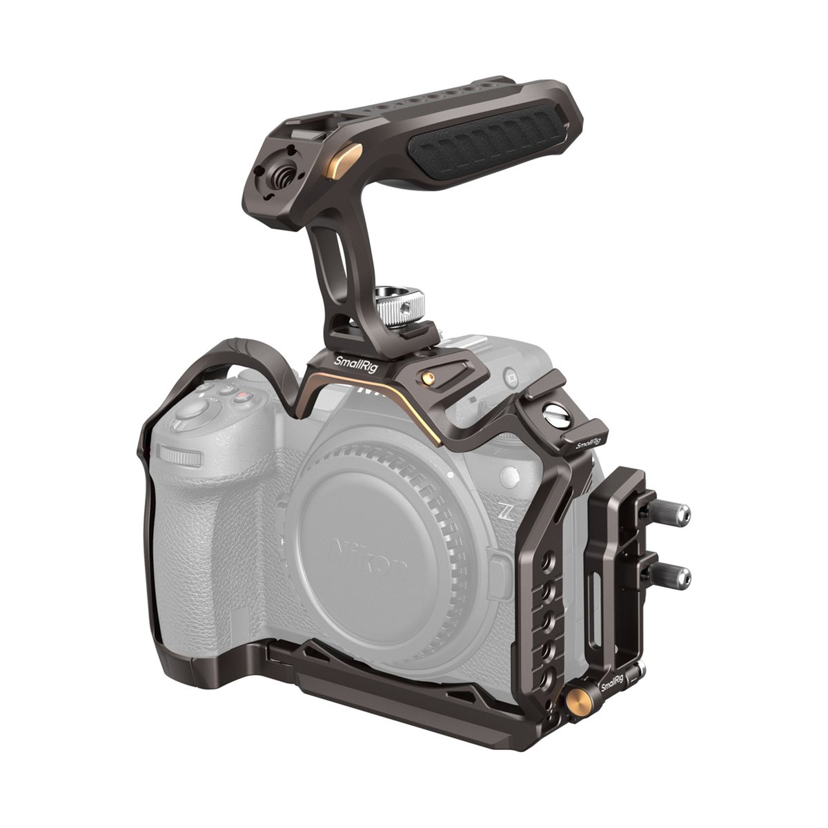 SmallRig 4522 Night Eagle Cage KIT für Nikon Z 6III - Anwendungsbeispiel: Kamera-Rig mit Cage und Top-Griff an einer Kamera, 3/4-Ansicht