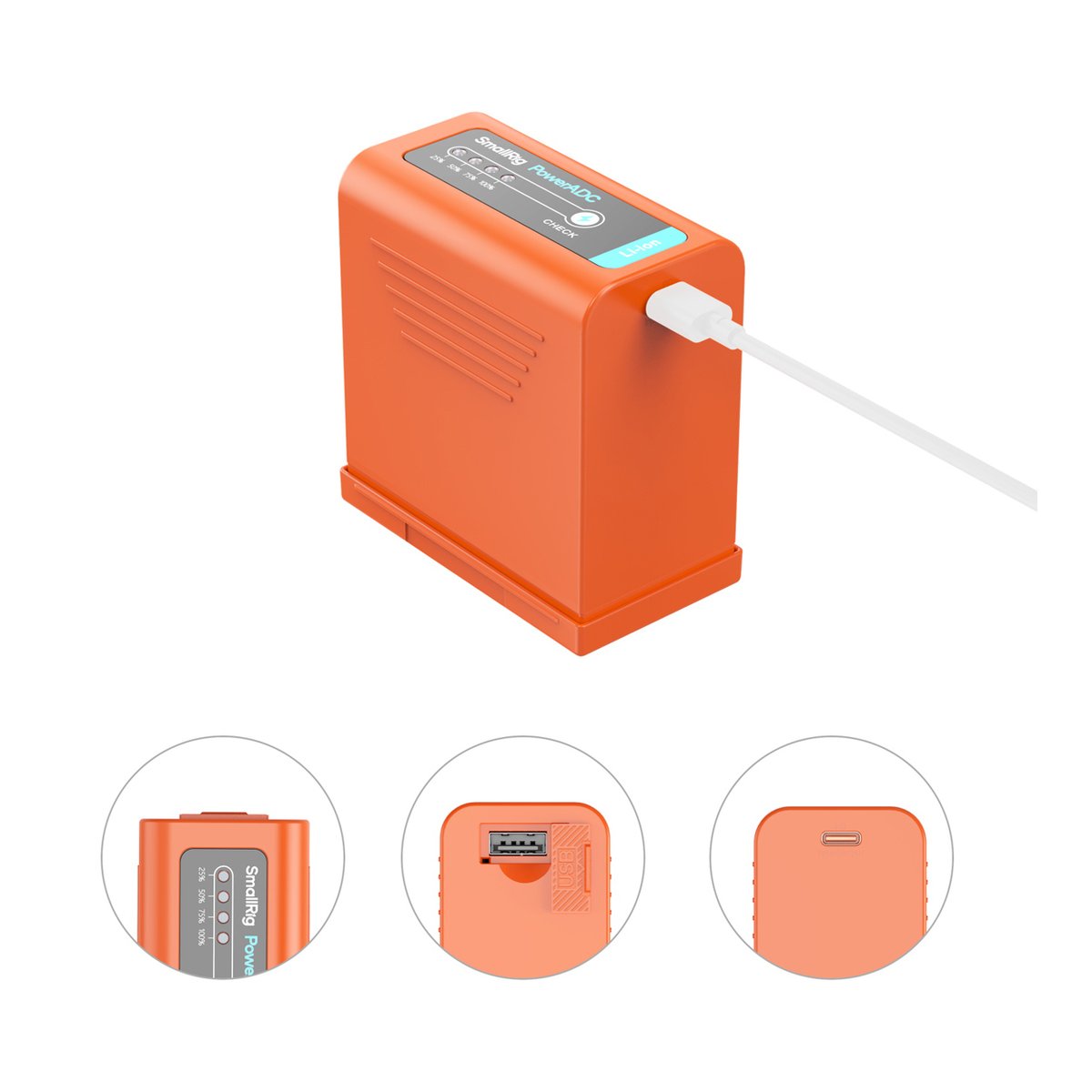 SmallRig 4972 NP-F970 USB-C Rechargeable Camera Battery (Orange) - Angesichtetes SmallRig PowerADC mit angeschlossenem USB-Kabel und Detailansichten von Front, USB-Port und Seite.