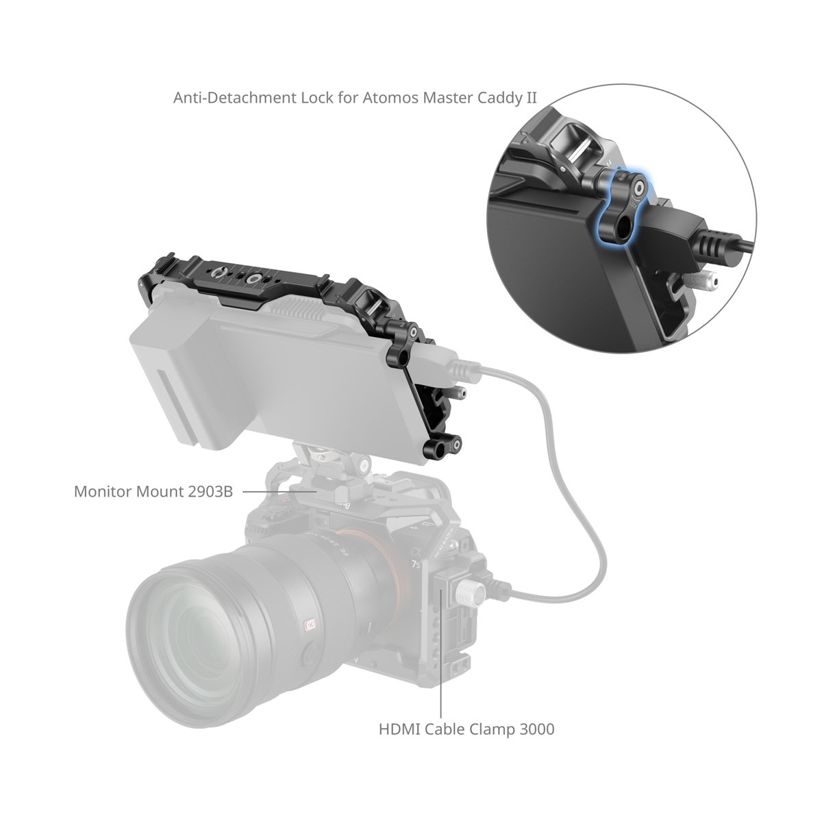 SmallRig CMA2209B Cage für Atomos Ninja Serie - Anwendungsbeispiel eines Kamera-Setups mit Monitor Mount, HDMI Klemme und Detailansicht des Anti-Detachment Locks SmallRig CMA2209B Cage für Atomos Ninja Serie - Anwendungsbeispiel eines Kamera-Setups mit Monitor Mount, HDMI Klemme und Detailansicht des Anti-Detachment Locks