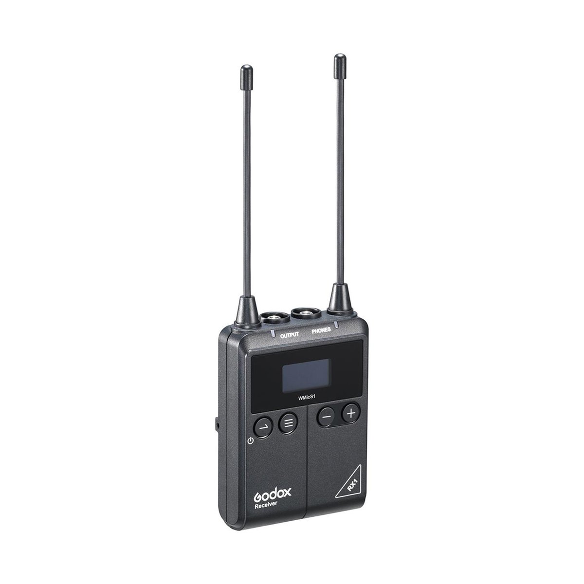Godox RX1 Receiver - Frontansicht: Godox WMicS1 Funkmikrofon-Empfänger (RX1) mit zwei Antennen