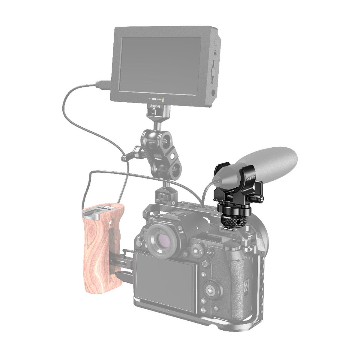 SmallRig 2352 Shotgun Mikrofon-Halterung mit Blitzschuh - Anwendungsbeispiel Kamera-Rig mit montiertem Monitor und Mikrofon.