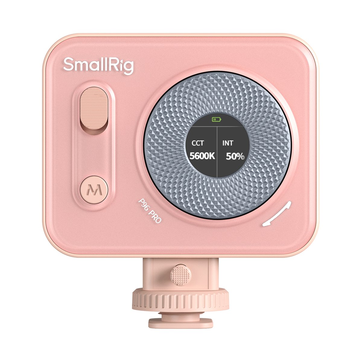 SmallRig 4786 Vibe P96 Pro Mini Pink LED-Videolicht - Frontansicht des pinken SmallRig P96 Pro LED-Lichts mit Bedienfeld und Display.