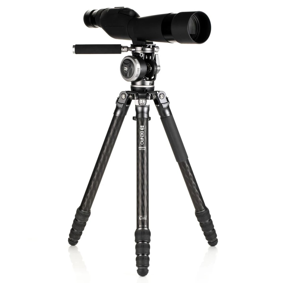Benro Mammoth TMTH44C CF-Stativ mit WH15 Wildlife-Kopf Anwendungsbeispiel mit Kamera mit halb ausgeklappten Stativbeinen