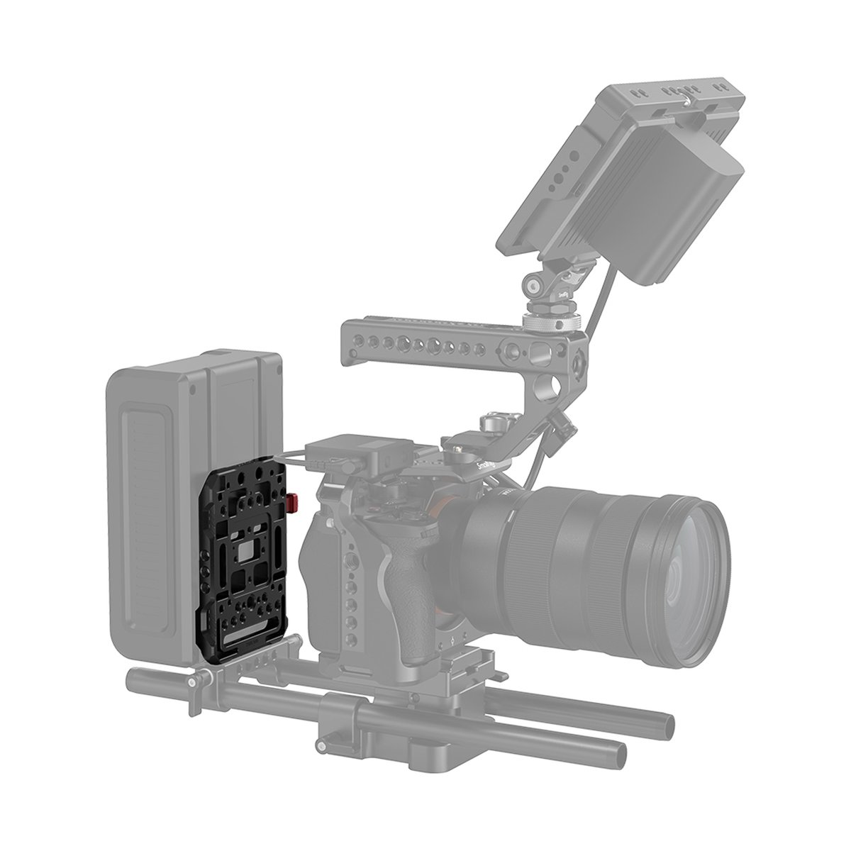 SmallRig 2988 V-Mount-Akku-Adapterplatte - Anwendungsbeispiel: Schwarze Montageplatte verbindet Akku mit Kamera-Rig