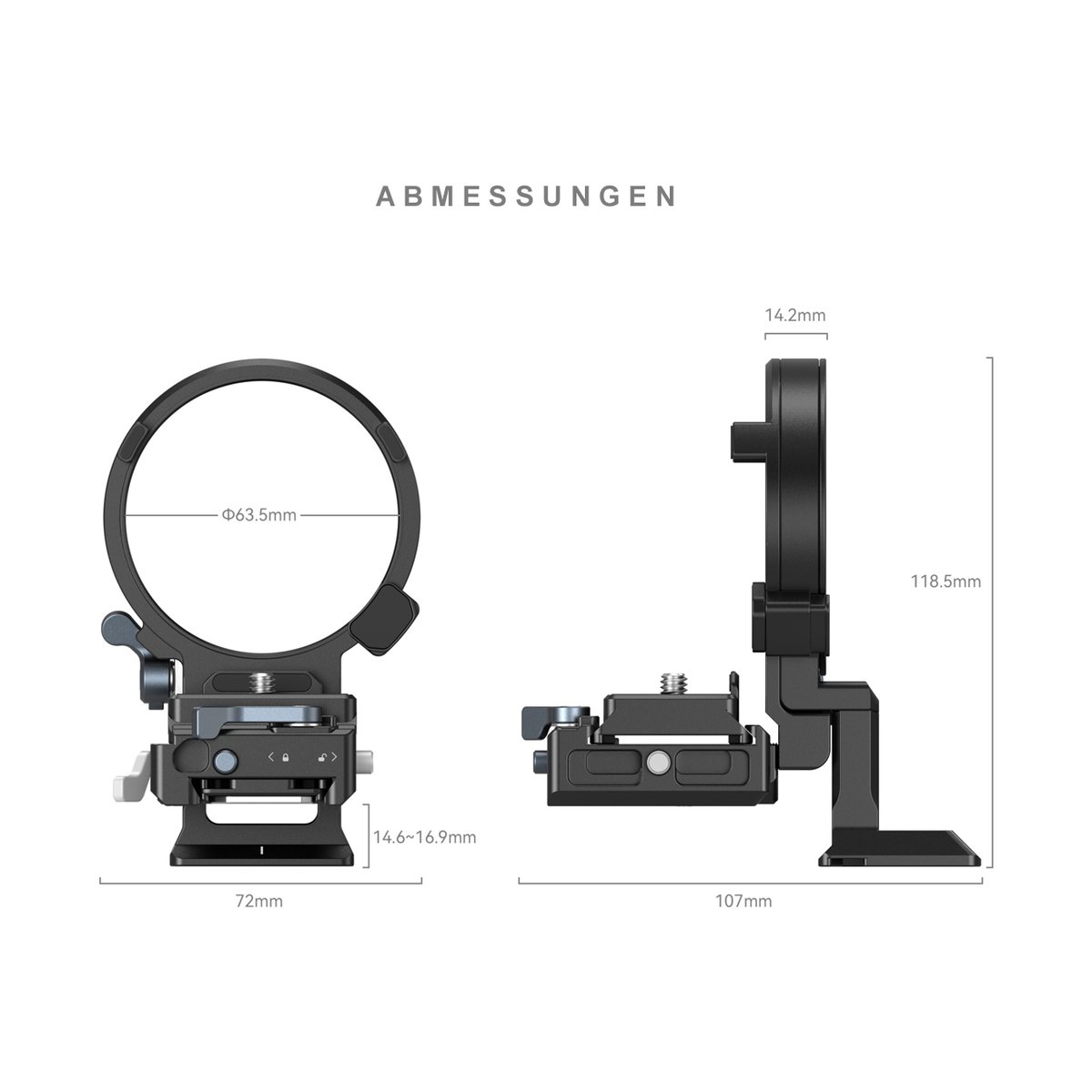 SmallRig 4244 Drehbares Horizontal- Vertikal-Montageplatten-Kit für Sony - Technische Zeichnung mit Produkt-Abmessungen: Vorder- und Seitenansicht