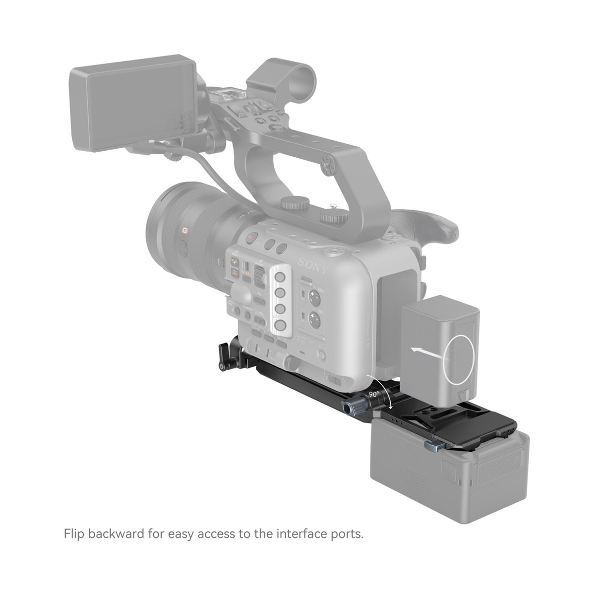 SmallRig 4323 V-Mount Battery Mount Plate Kit für Cinema Cameras - Funktionsweise: Basisplatte unter Kamera mit schwenkbarer Akku-Halterung für einfachen Zugriff auf Schnittstellen.