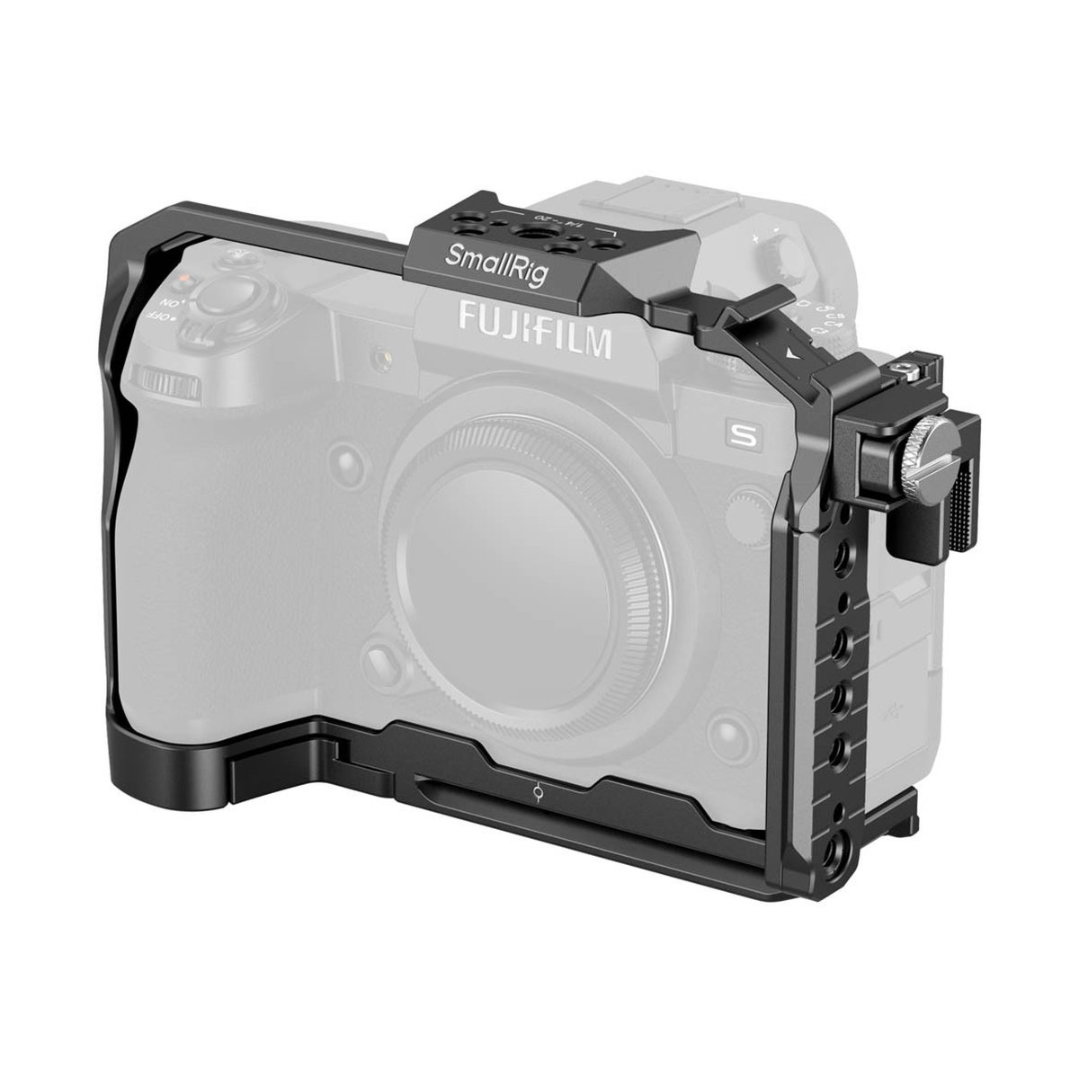 SmallRig 3934B Cage für Fujifilm X-H2S - Anwendungsbeispiel: SmallRig Kamerakäfig montiert auf Fujifilm Kamera, 3/4 Ansicht. SmallRig 3934B Cage für Fujifilm X-H2S - Anwendungsbeispiel: SmallRig Kamerakäfig montiert auf Fujifilm Kamera, 3/4 Ansicht.