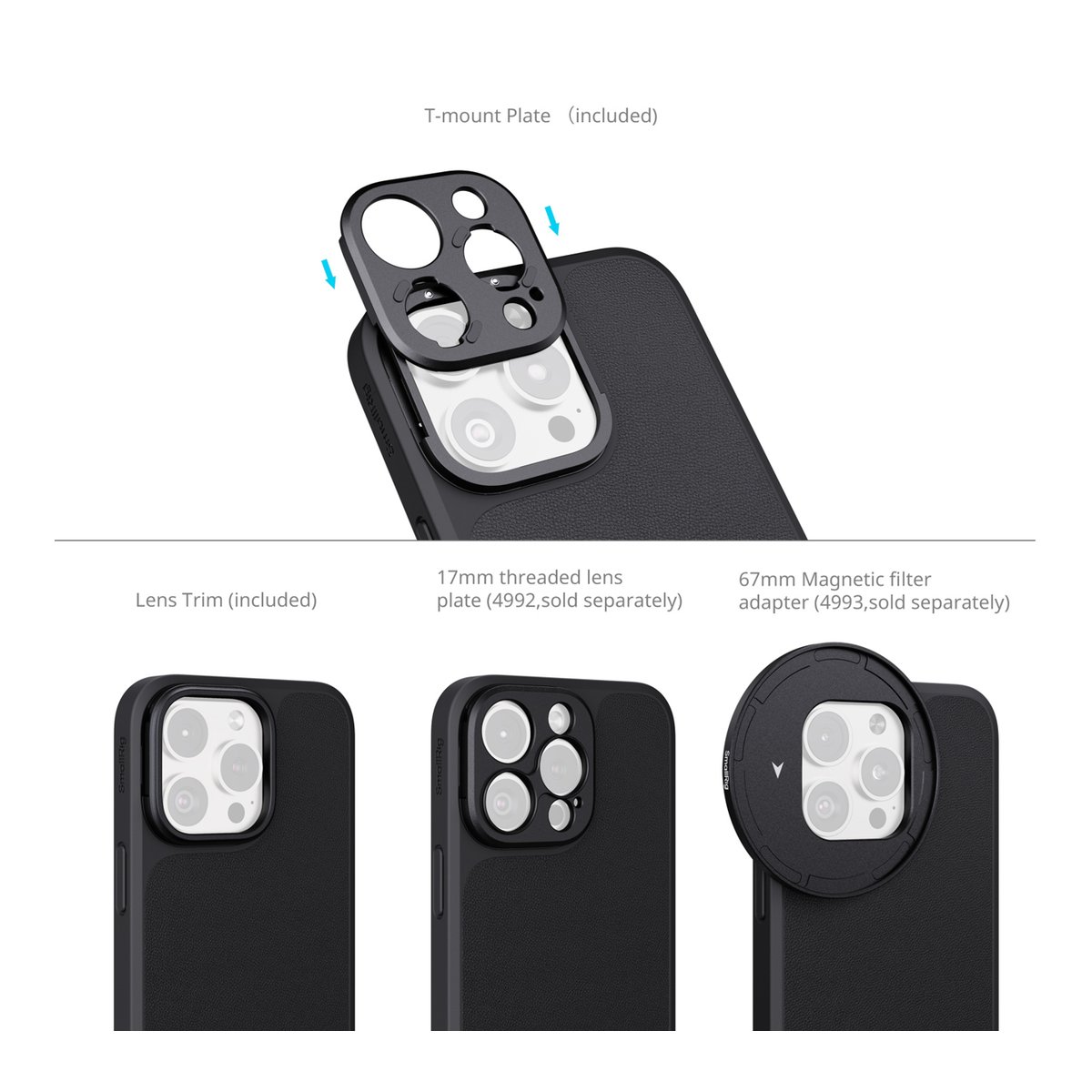 SmallRig 4987 FilMov Lightweight Photography Case Kit f.iPhone 16 Pro Max - Anwendungsbeispiel des modularen Kamera-Zubehörsystems für die Smartphone-Hülle mit verschiedenen Adaptern.