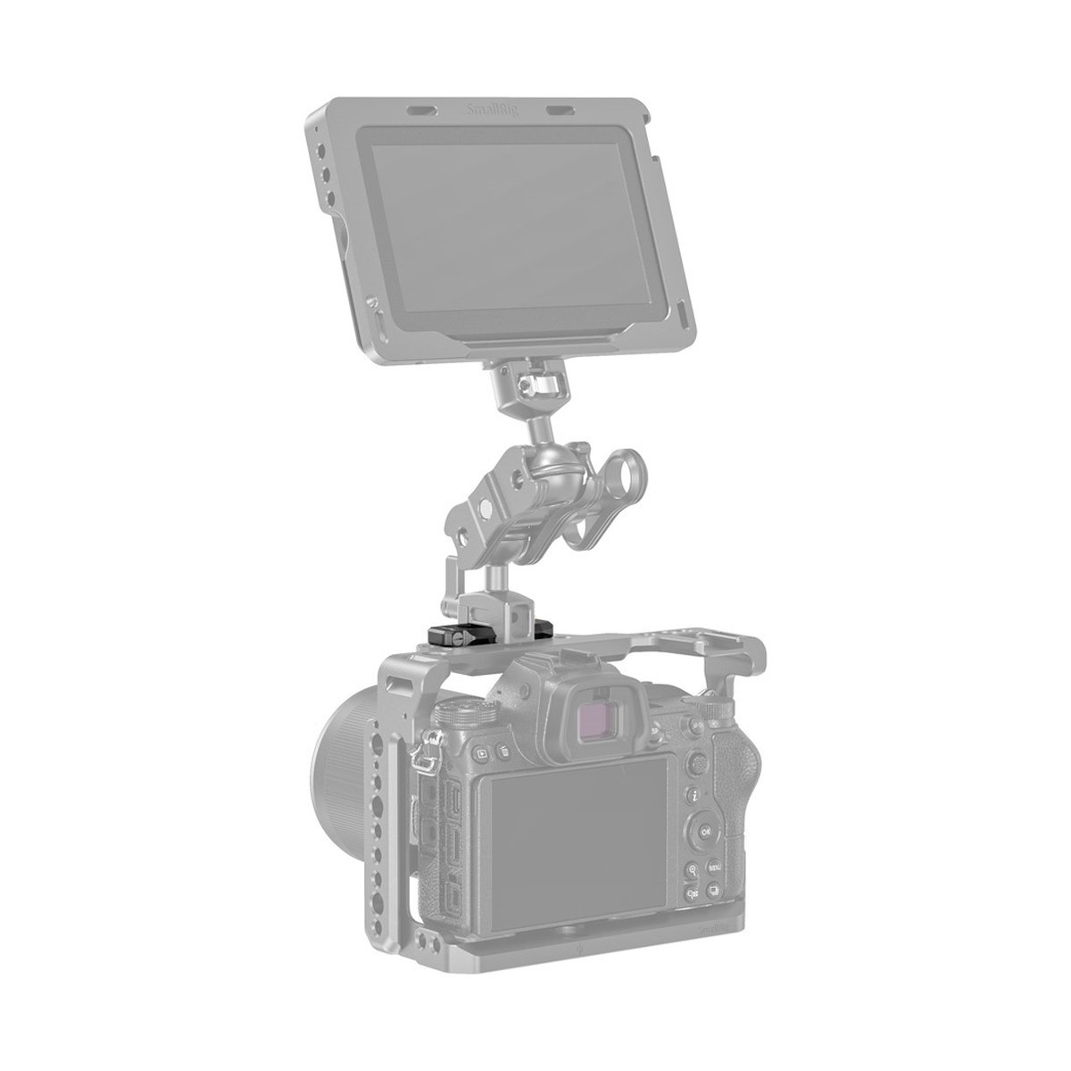 SmallRig BUN2468B NATO Rail 50 mm Lowprofile, Befestigungsschiene - Anwendungsbeispiel: Monitor auf Kamera montiert, Rückansicht. SmallRig BUN2468B NATO Rail 50 mm Lowprofile, Befestigungsschiene - Anwendungsbeispiel: Monitor auf Kamera montiert, Rückansicht.