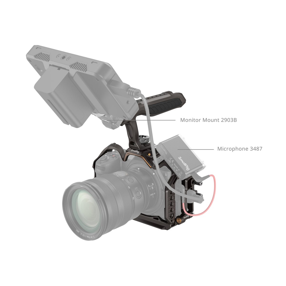 SmallRig 4522 Night Eagle Cage KIT für Nikon Z 6III - Anwendungsbeispiel: Kamera-Rig mit Monitor Mount 2903B und Mikrofon 3487