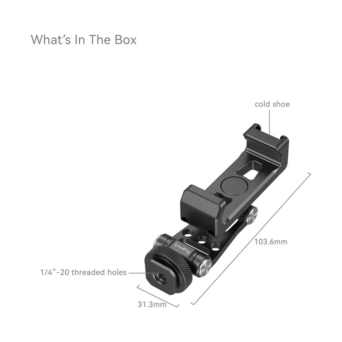 SmallRig 4382 Metal Phone Holder with Cold Shoe Mount - Lieferumfang: Der Kamera-Adapter mit Cold Shoe, 1/4 Zoll Gewinde und Maßangaben.
