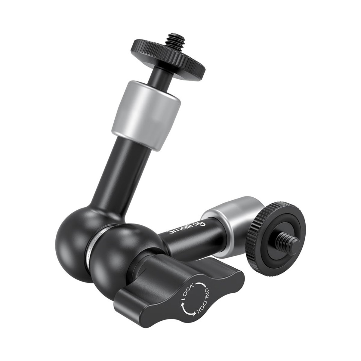 SmallRig 2065B Gelenkarm - Schrägansicht eines schwarzen Gelenkarms mit zwei Kugelköpfen und zentraler Feststellschraube