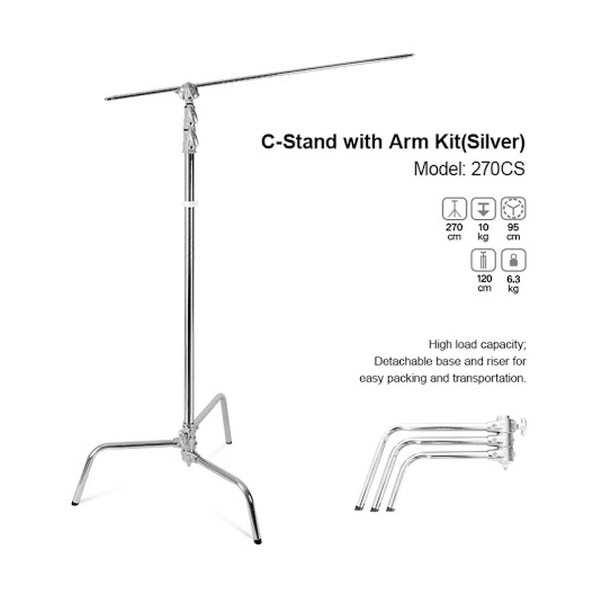Godox 270CS C-Stativ mit Arm und Griffkopf - Produktdarstellung des silbernen C-Stands mit Arm Kit, technischen Spezifikationen und Detail der zerlegbaren Basis.