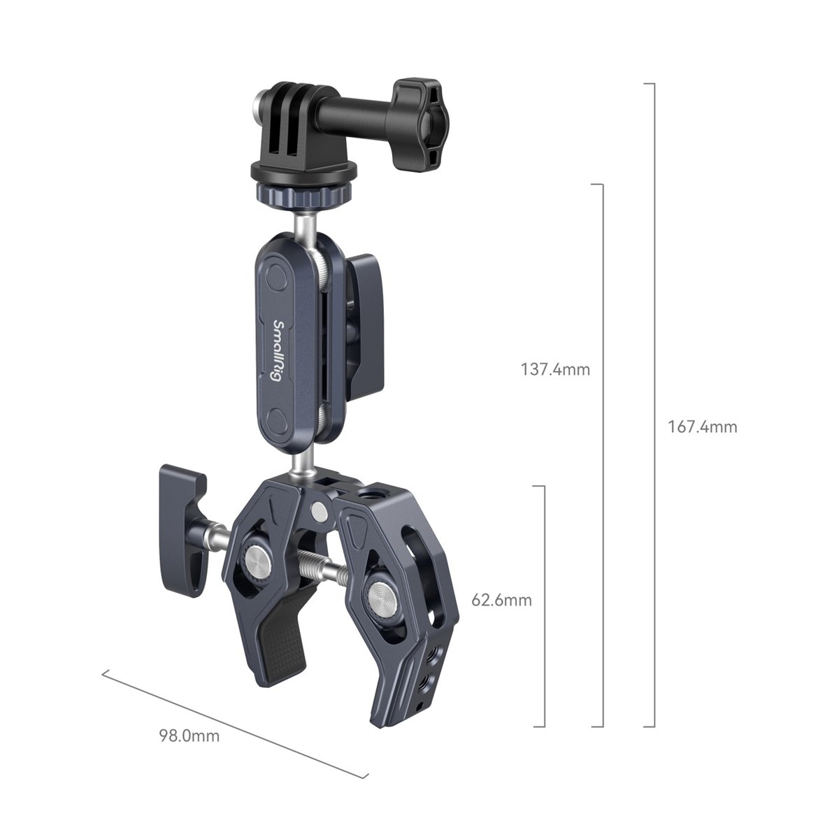 SmallRig 3757B Crab Shaped Clamp mit Kugelkopf Magic Arm - Produktansicht mit Abmessungen