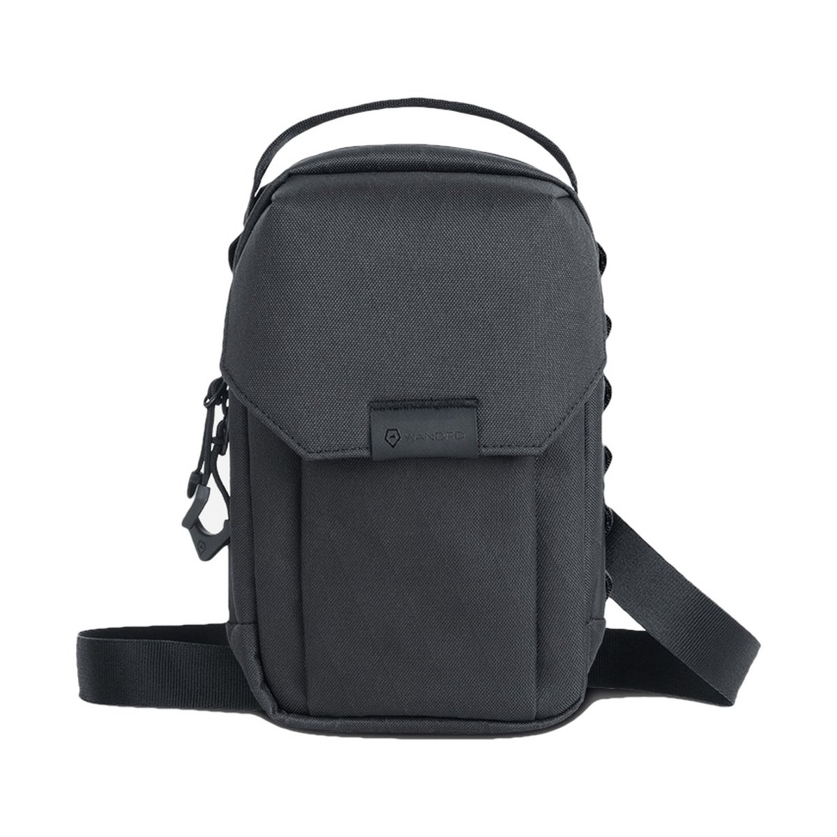 WANDRD X1 Cross Body Bag Medium Zwart - Frontansicht der schwarzen Kameratasche mit Tragegriff und Schultergurt.