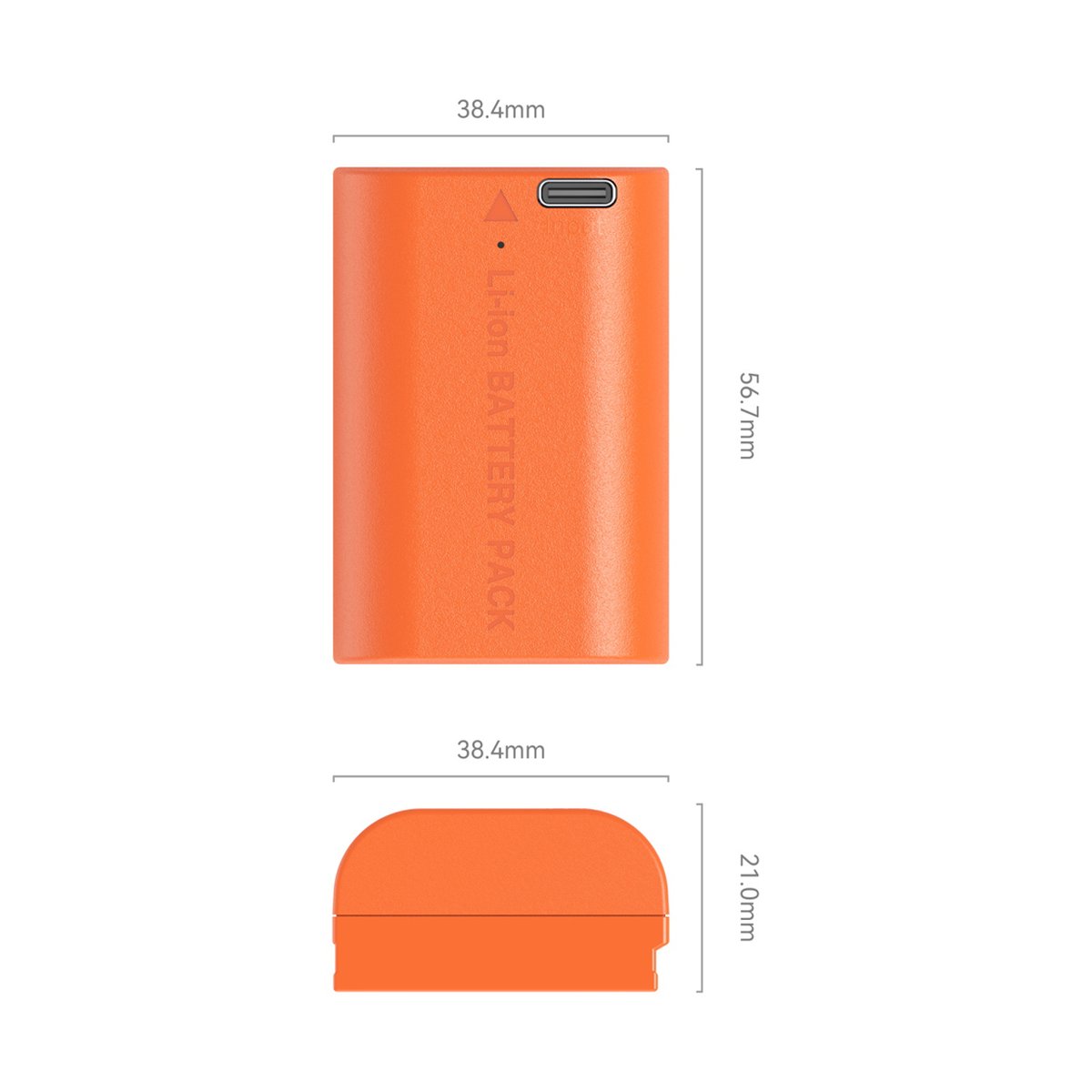 SmallRig 4968 LP-E6NH USB-C Rechargeable Camera Battery (Orange) - Li-Ion Akku: Maße der Vorder- und Seitenansicht.