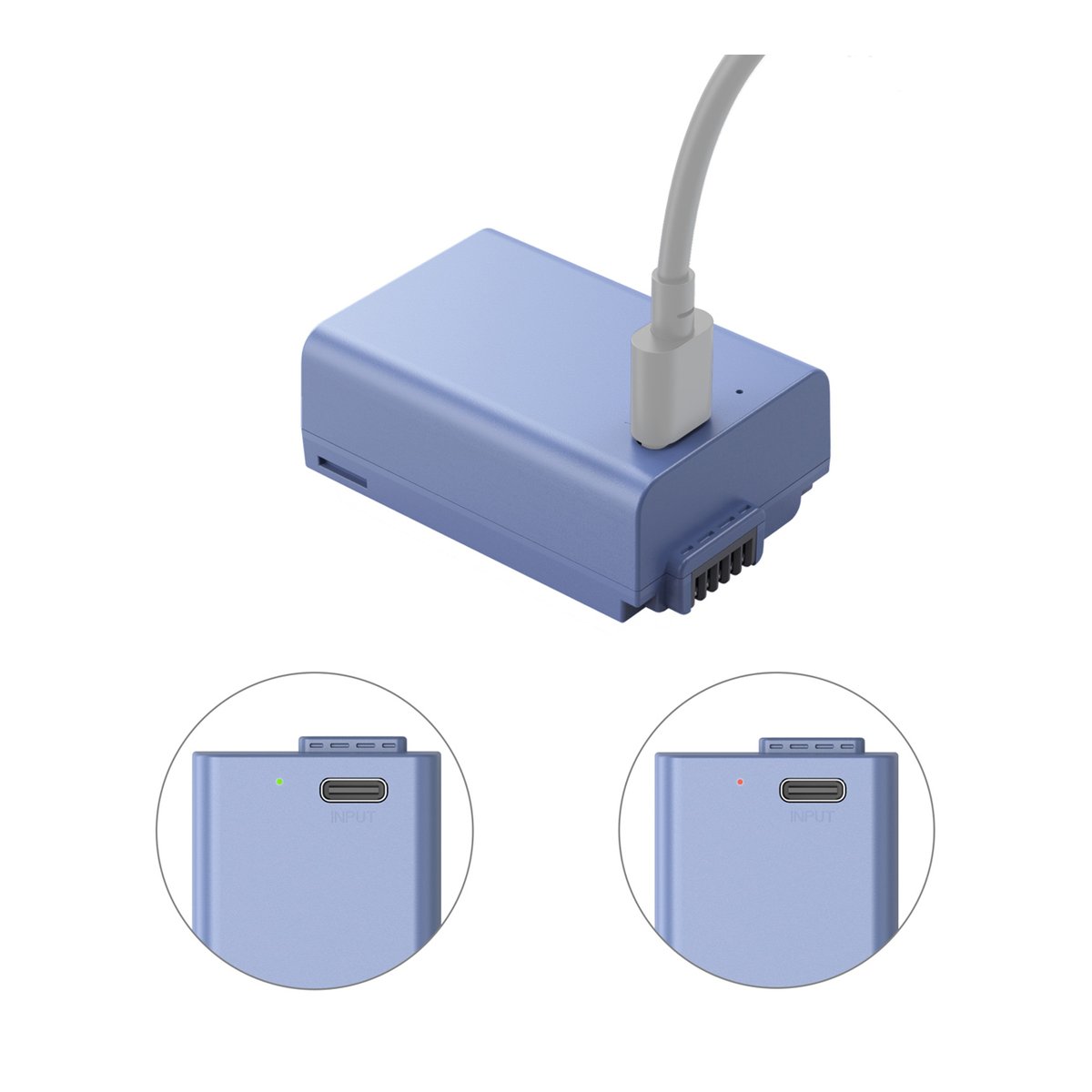 SmallRig 4333 EN-EL25 USB-C (Nikon) aufladbare Kamerabatterie - Laden des blauen Akku-Packs über USB-C; Details des Input-Ports mit Lade-LEDs (grün/rot)