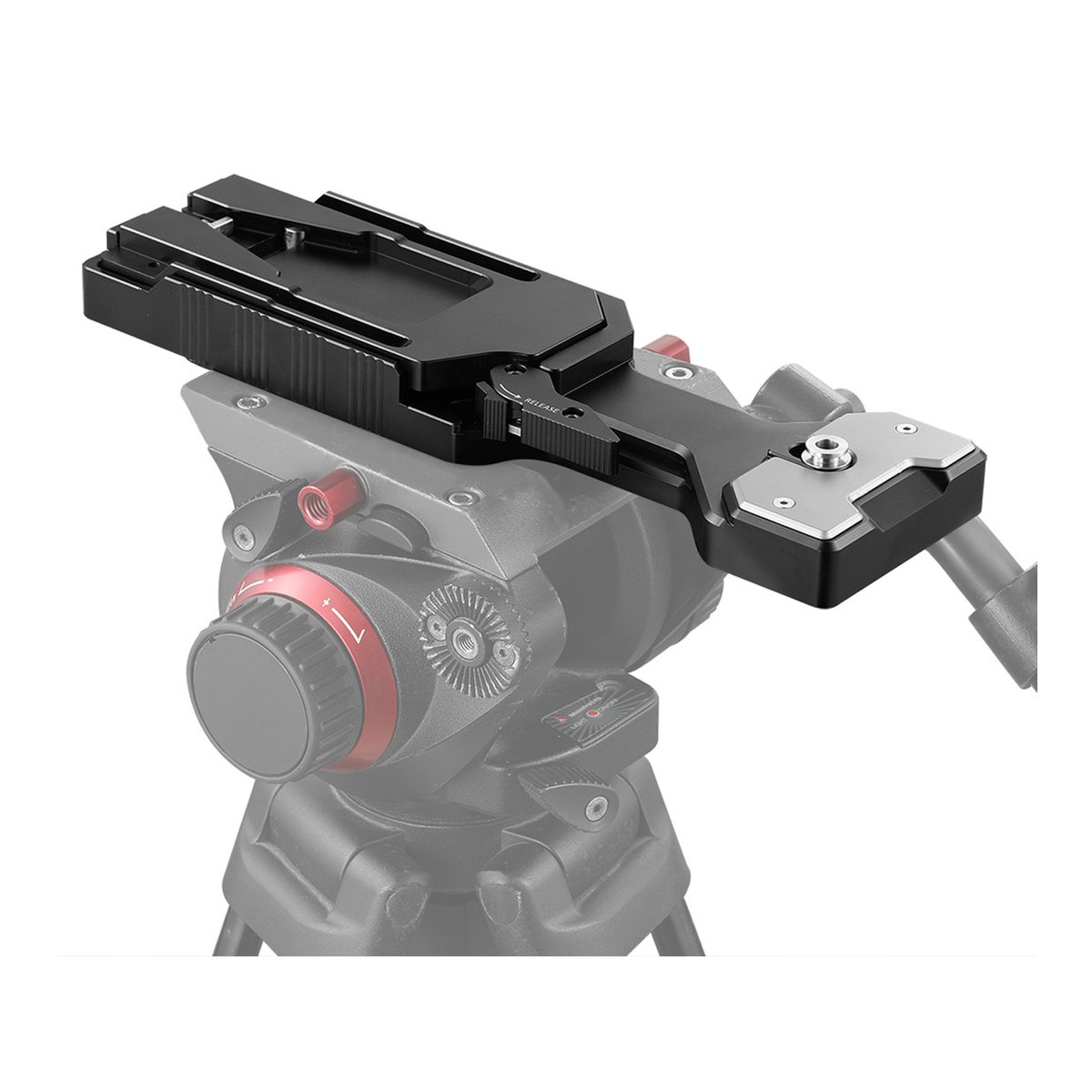 SmallRig 2169 VCT-14 Quick-Release Tripod-Platte nach VCT-14 Standard - Anwendungsbeispiel: Schwarzes Quick-Release-System auf Stativkopf, schräge Ansicht