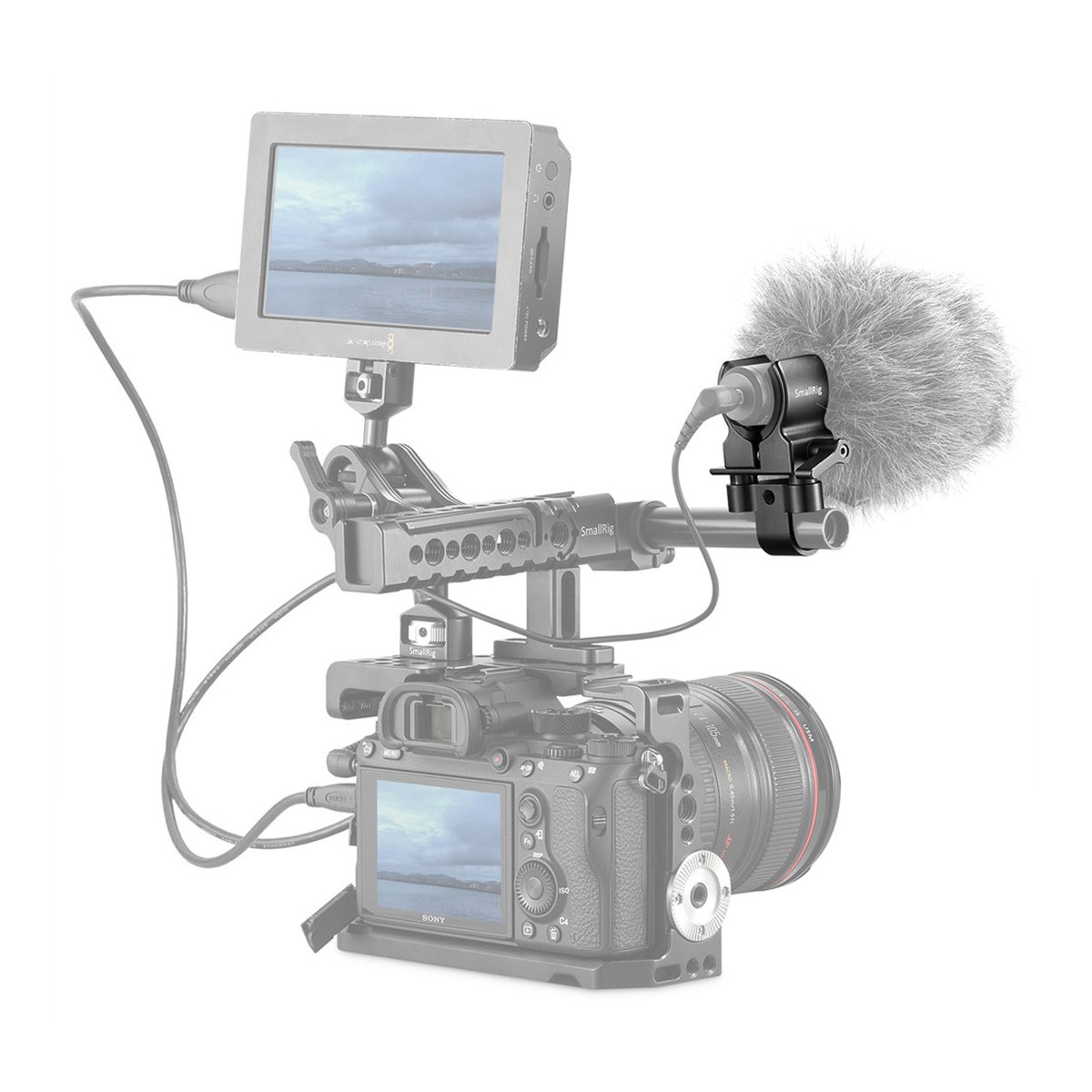 SmallRig 1993B Universal Shotgun Mikrofon Halterung - Anwendungsbeispiel: Mikrofonhalterung an Kamerarig mit aufgestecktem Mikrofon und Monitor. SmallRig 1993B Universal Shotgun Mikrofon Halterung - Anwendungsbeispiel: Mikrofonhalterung an Kamerarig mit aufgestecktem Mikrofon und Monitor.