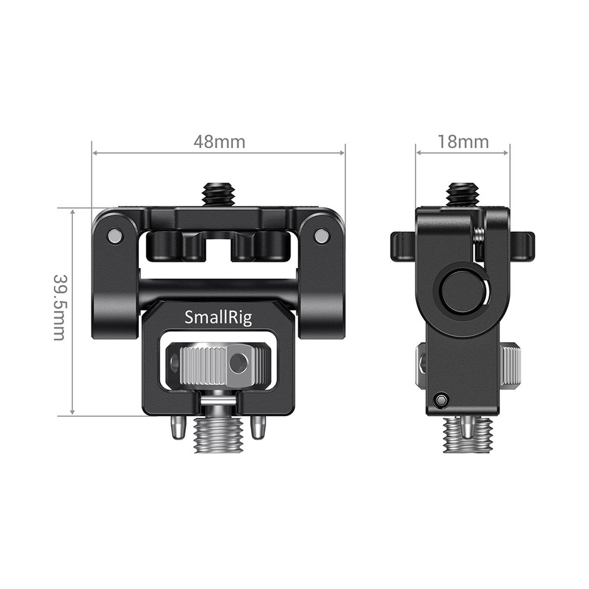 SmallRig 2174B Monitorhalterung mit ARRI 3/8"-16 Fixierschrauben - SmallRig Klemme: Abmessungen in Vorder- und Seitenansicht.