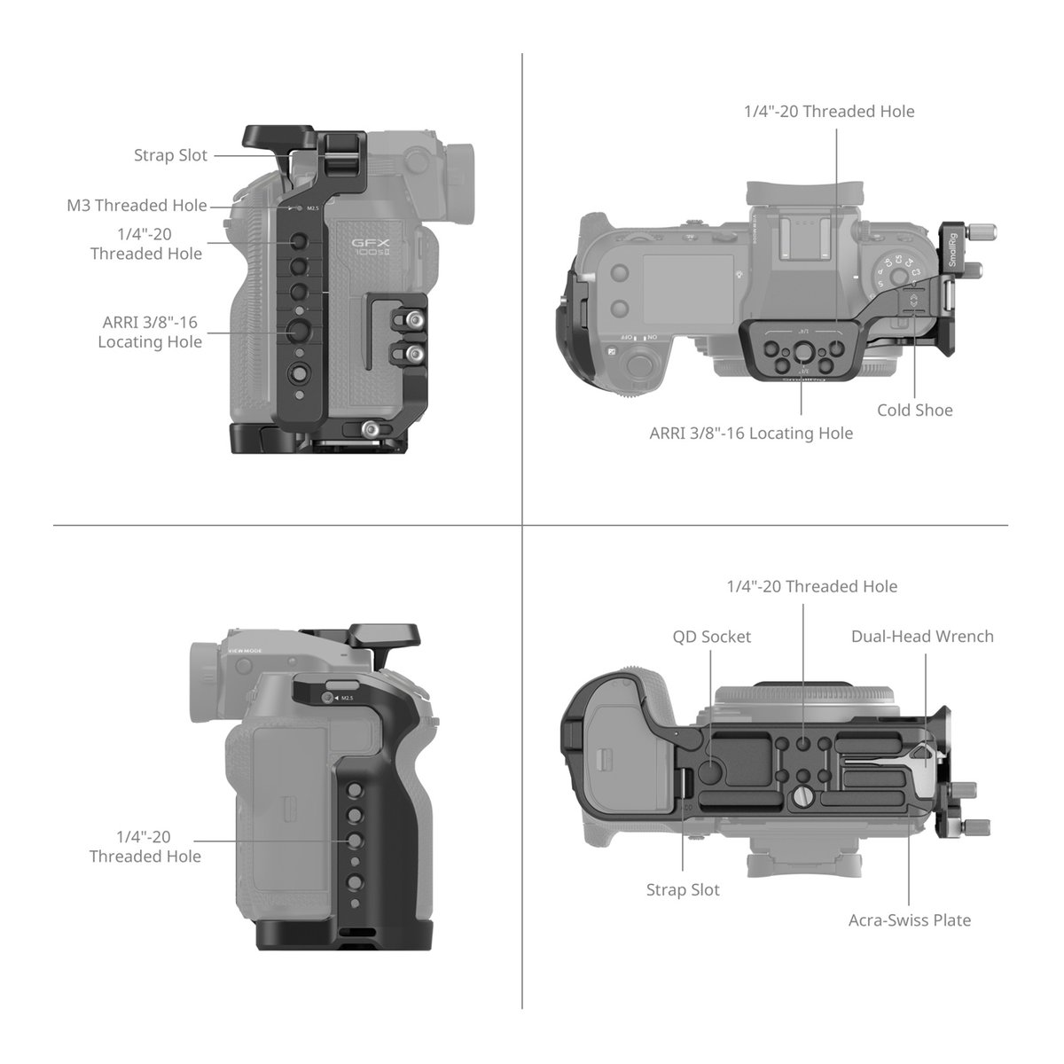 SmallRig 4715 Cage Kit für Fujifilm GFX100S II - Produktdarstellung: Kamerakäfig mit beschrifteten Details wie Gewinden, Slots und Montagepunkten aus vier Perspektiven. SmallRig 4715 Cage Kit für Fujifilm GFX100S II - Produktdarstellung: Kamerakäfig mit beschrifteten Details wie Gewinden, Slots und Montagepunkten aus vier Perspektiven.