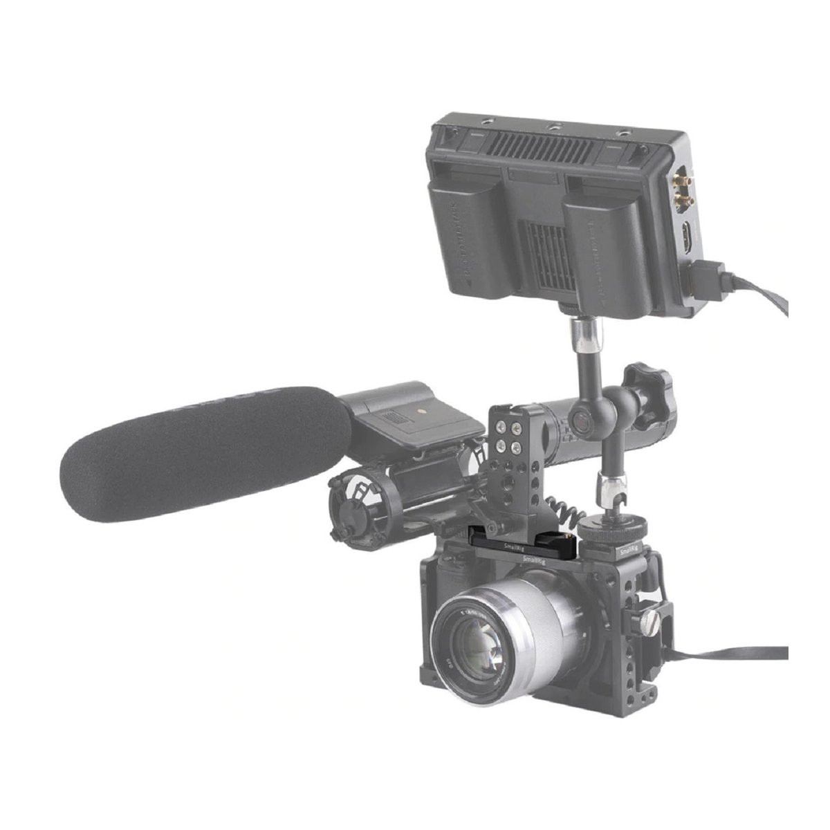 SmallRig 1195B Quick Release-Rail mit 7cm Sicherheitsstifte - Anwendungsbeispiel: Komplettes Kamera-Rig mit Monitor und Mikrofon.