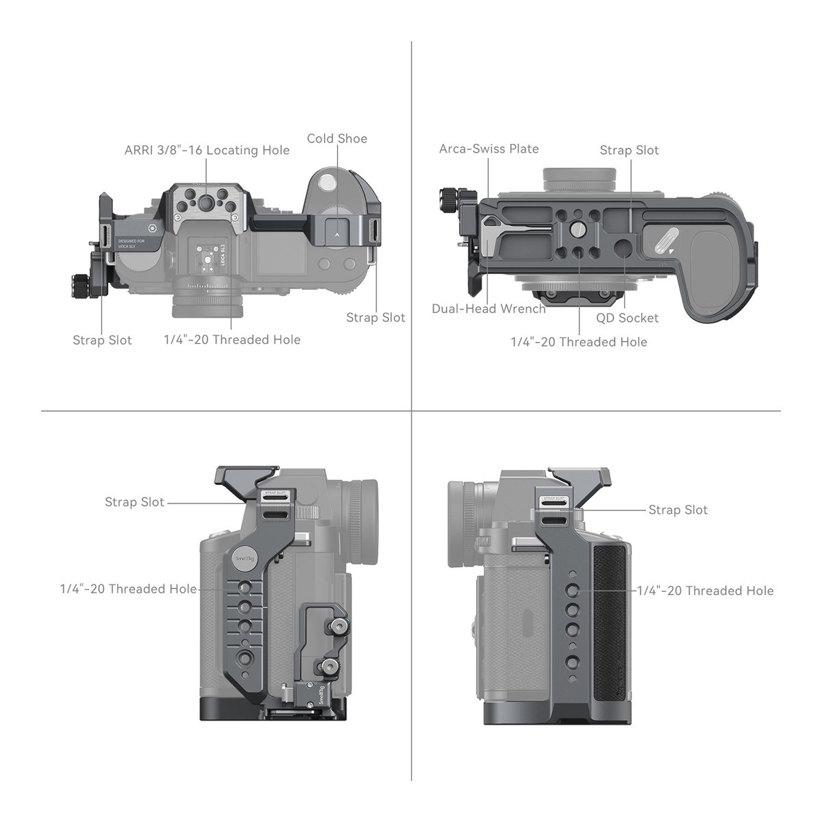SmallRig 4510 Cage Kit for Leica SL3 - Übersicht technischer Details des Kamera-Rigs: Vier Ansichten mit beschrifteten Gewinden, Anschlüssen und Slots.