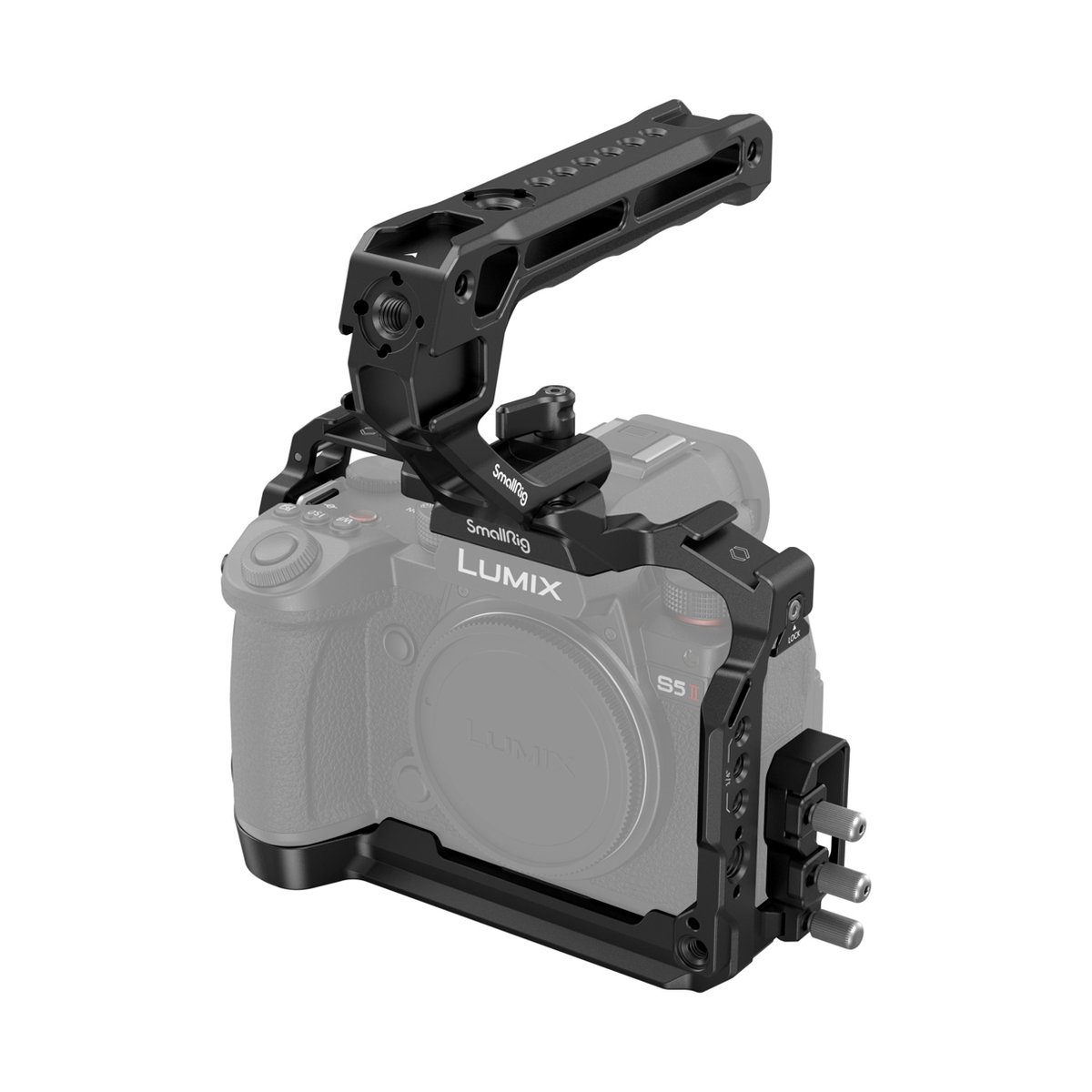 SmallRig 4143 Cage Kit für Panasonic Lumix G9 II / S5 II / S5 IIX - Anwendungsbeispiel: SmallRig Kamera-Cage & Top-Griff an Lumix S5 II Kamera, schräge Gesamtansicht