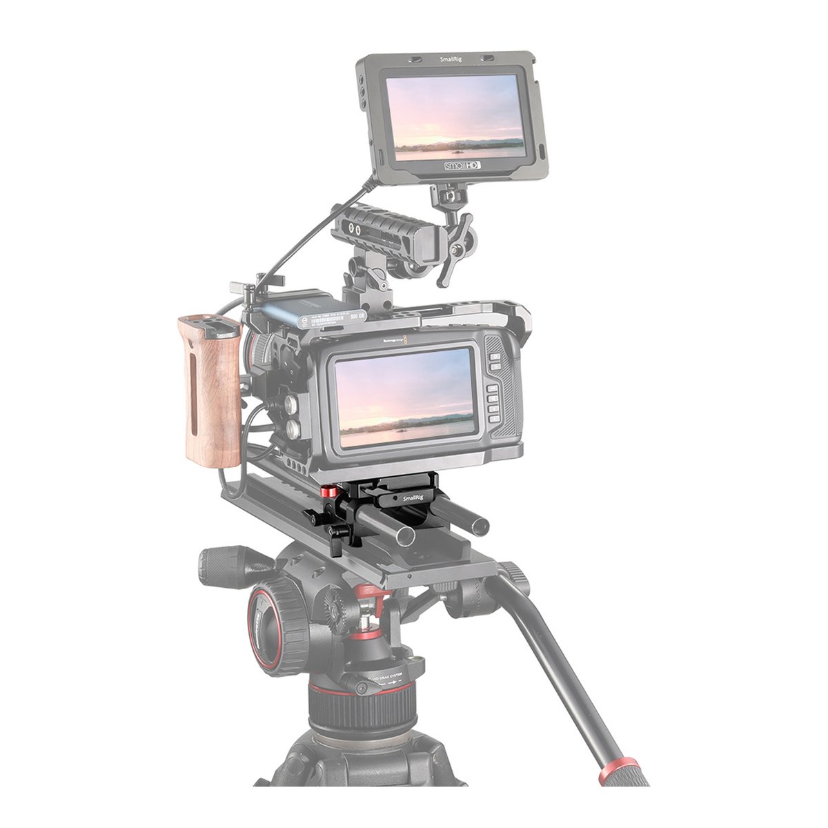 SmallRig Grundplatte 2266B f. BMPCC4K/6K (Manfrotto 501PL kompatibel) - Anwendungsbeispiel: Kamera-Rig mit externem Monitor auf Stativ.