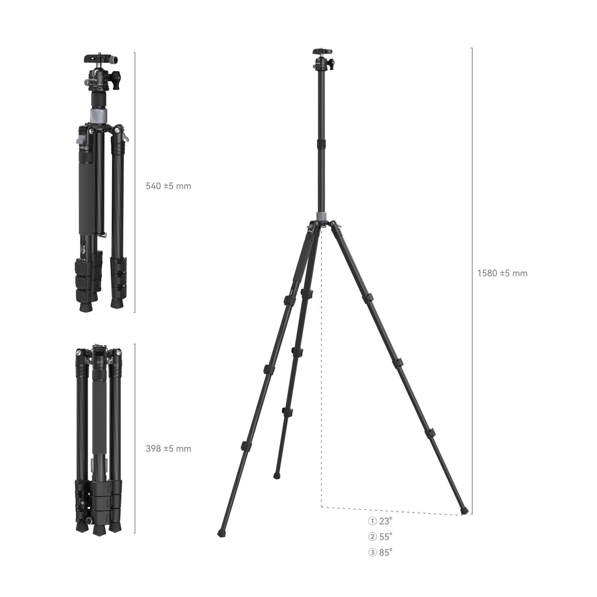 SmallRig 4059 Carbon-Stativ mit Mittelsäule AP-20 - TECHNISCHE MASSDARSTELLUNG DES STATIVS: GEFALTET, AUSGEZOGEN UND BEINWINKEL