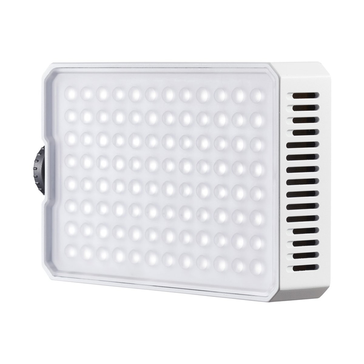 Godox C30R LITEMONS RGB Pocket LED Panel Light - Frontansicht leicht angewinkelt, weißes LED-Licht mit beleuchteten Dioden, Drehregler und Lüftungsschlitzen