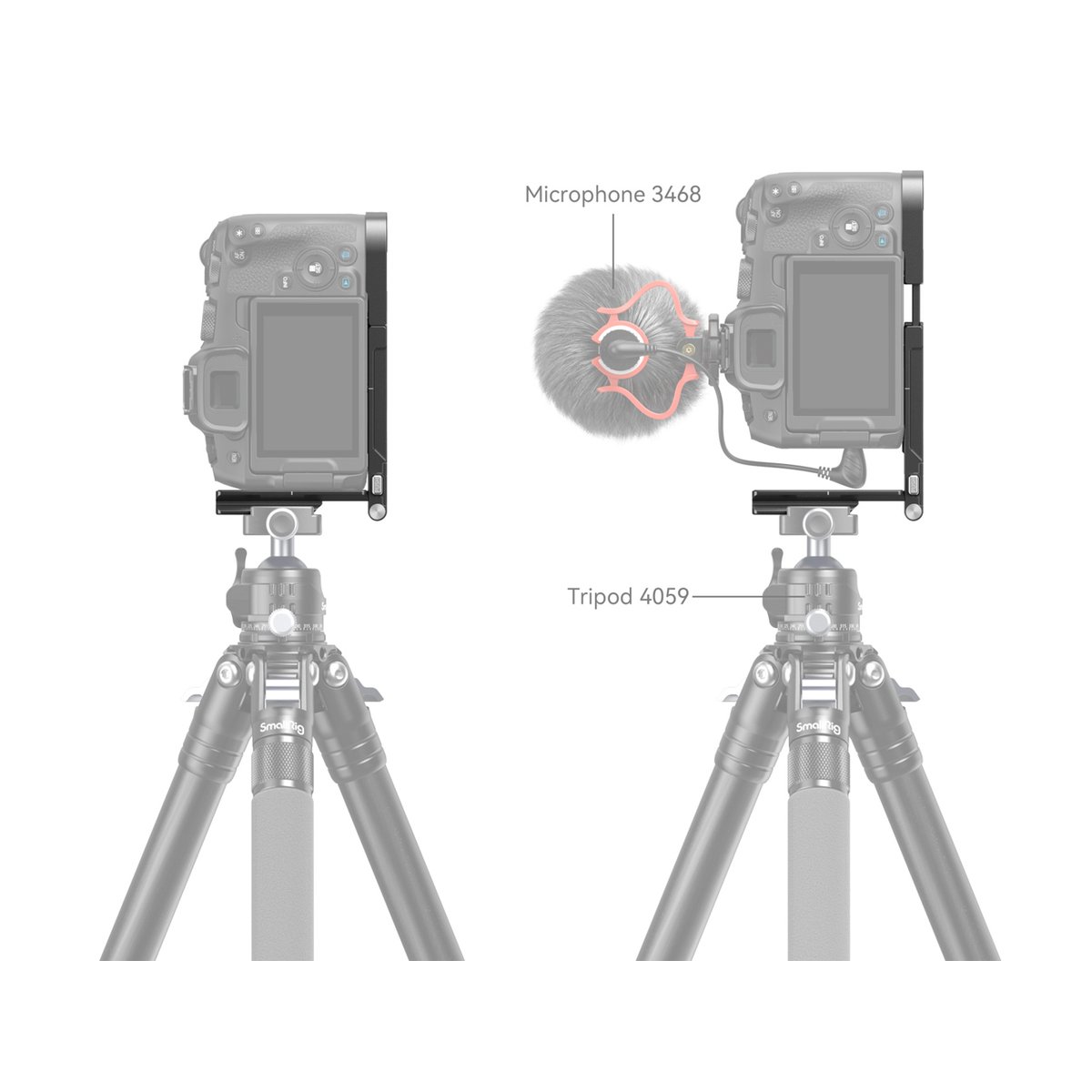 SmallRig 4211 Faltbares L-Bracket für Canon EOS R8 - Anwendungsbeispiel: Kamerakäfig auf Stativ, mit und ohne Mikrofon 3468 montiert.