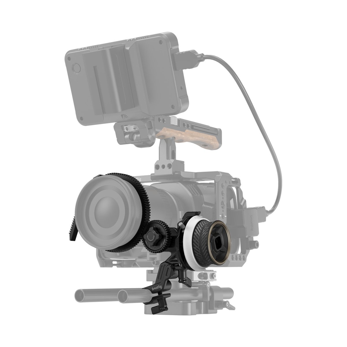 SmallRig 3010C Mini Follow Focus F40 Halterung - Anwendungsbeispiel: Follow Focus System mit Fokusrad und Zahnrädern an Kamera-Rig.