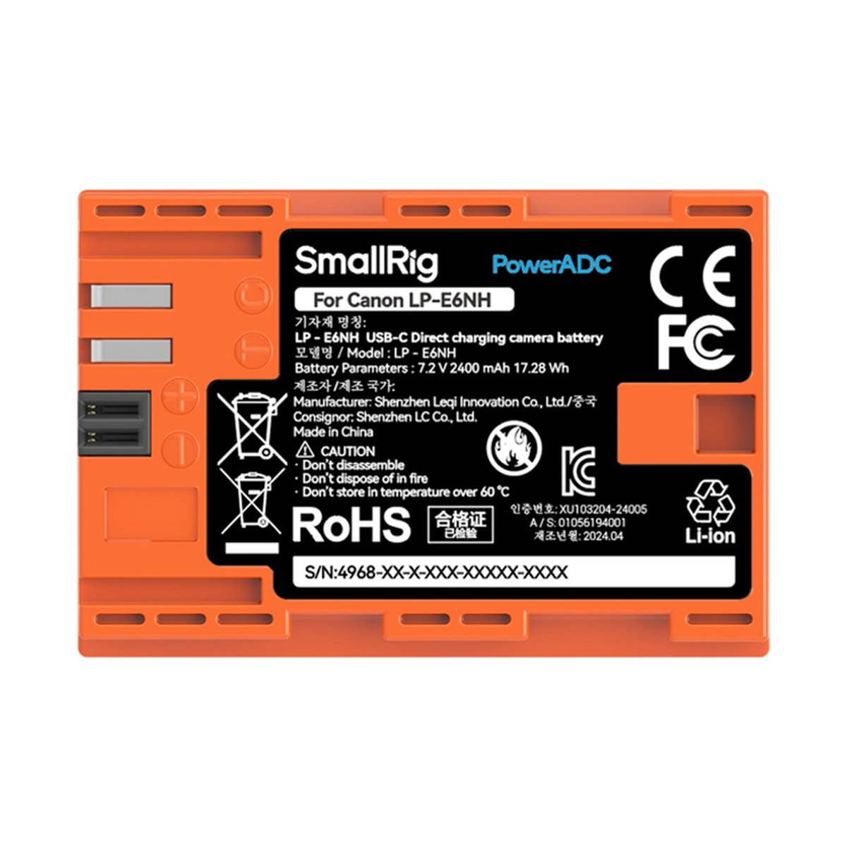 SmallRig 4968 LP-E6NH USB-C Rechargeable Camera Battery (Orange) - Rückansicht: SmallRig Kamera-Akku mit technischen Daten, Sicherheitshinweisen und Zertifizierungen.