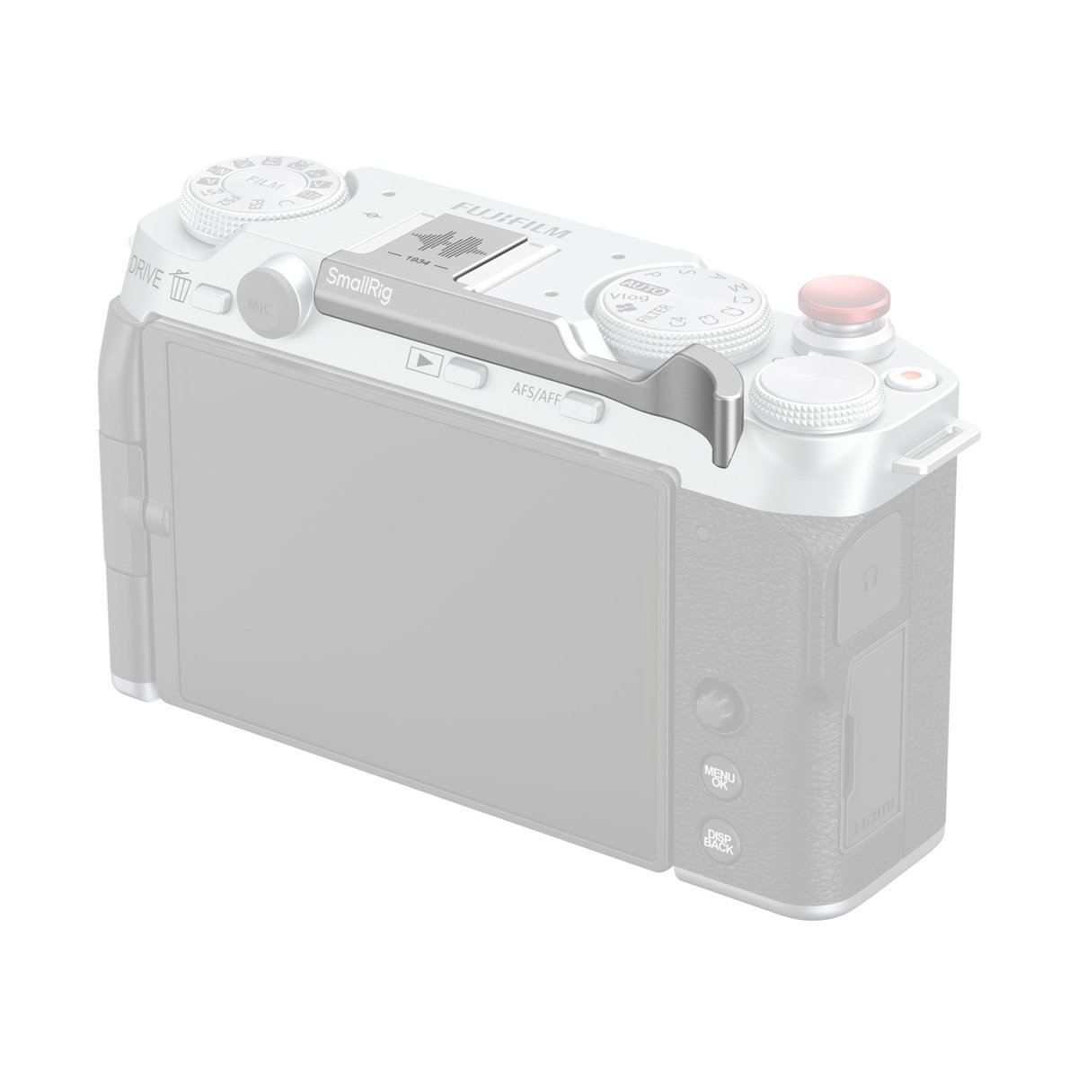 SmallRig 4877 Daumengriff silber für Fujifilm X-M5 - Detailansicht: SmallRig Daumenauflage auf Kamerarückseite montiert, Draufsicht.