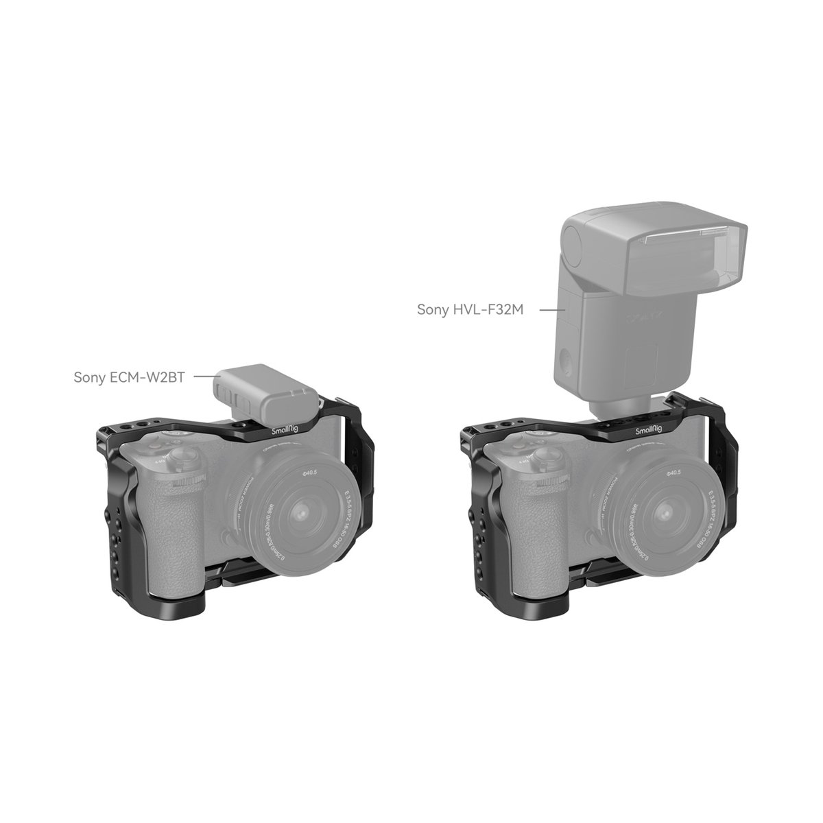 SmallRig 4336 Cage Kit für Sony Alpha 6700 - Anwendungsbeispiele des Kamerakäfigs mit Sony ECM-W2BT Mikrofon und HVL-F32M Blitz.