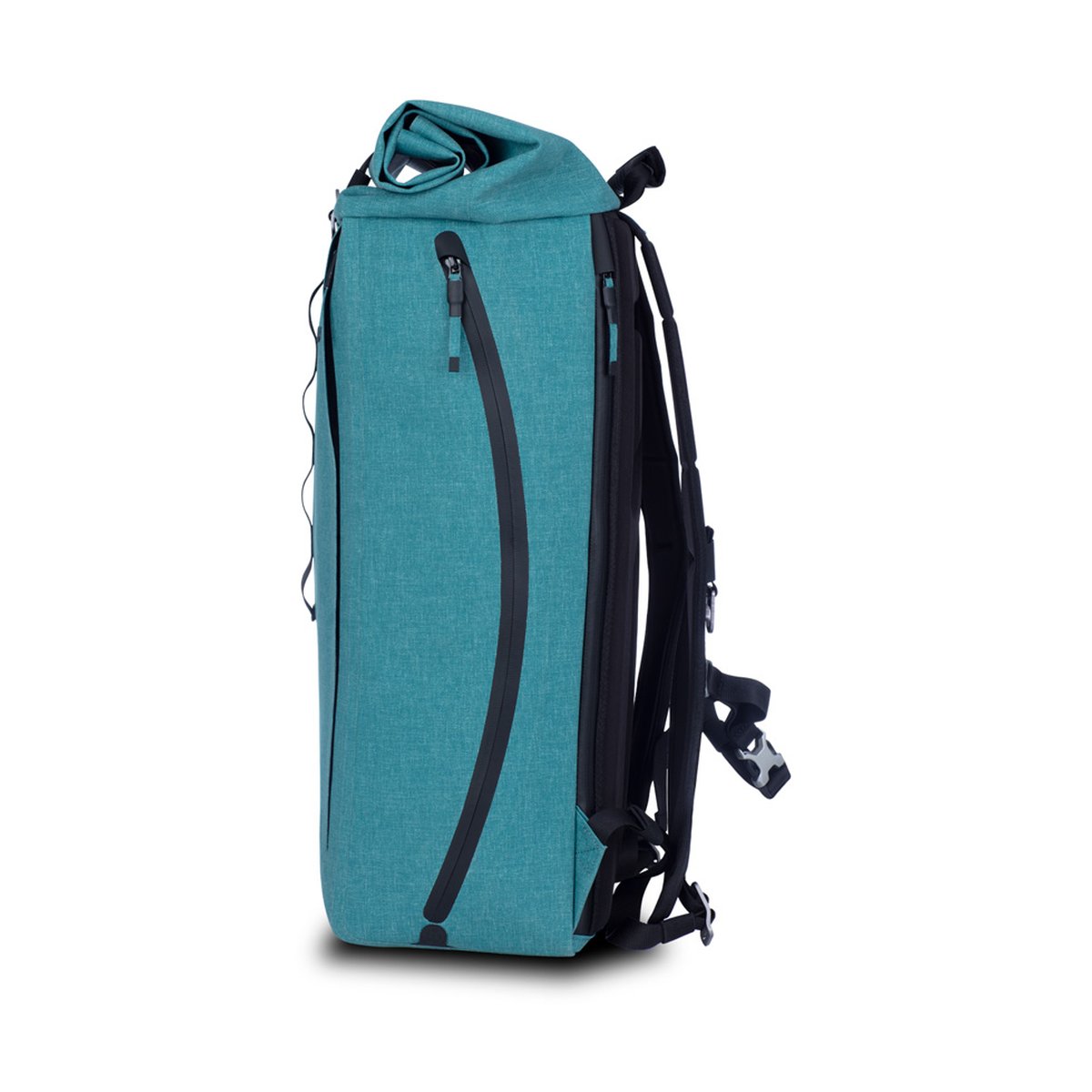 F-Stop DYOTA 20 North Sea (türkis) - Seitenansicht des türkisen Roll-Top-Rucksacks mit seitlichem Reißverschluss.