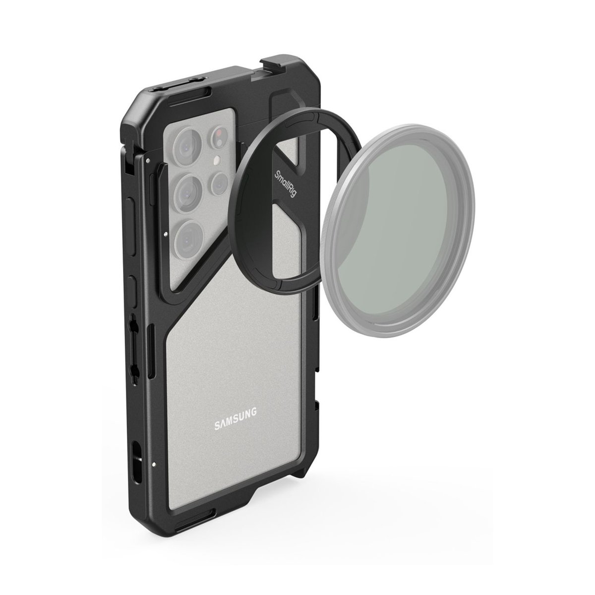 SmallRig 4601 Ultra Cage Kit Samsung Galaxy S24 - Produktansicht: Schwarze Handyhülle für Samsung mit SmallRig Filteradapter und Filter